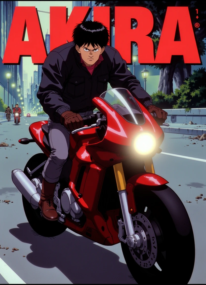 akira_style, title text "AKIRA style" at the top in the red font. a man on a sleek futuristic sci-fi motorcycle. he has a motorcycle helment on and you can see his determined eyes looking back at the camera.