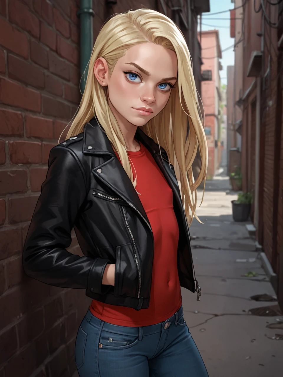 score_9, score_8_up, score_7_up,  score_6_up, BREAK, LilLily, Andystyle, 1girl, long hair, female, blue eyes, blonde hair, flat chest, solo, red shirt, black jacket, leather jacket, jeans, alley, looking at viewer, <lora:LilLily:1>