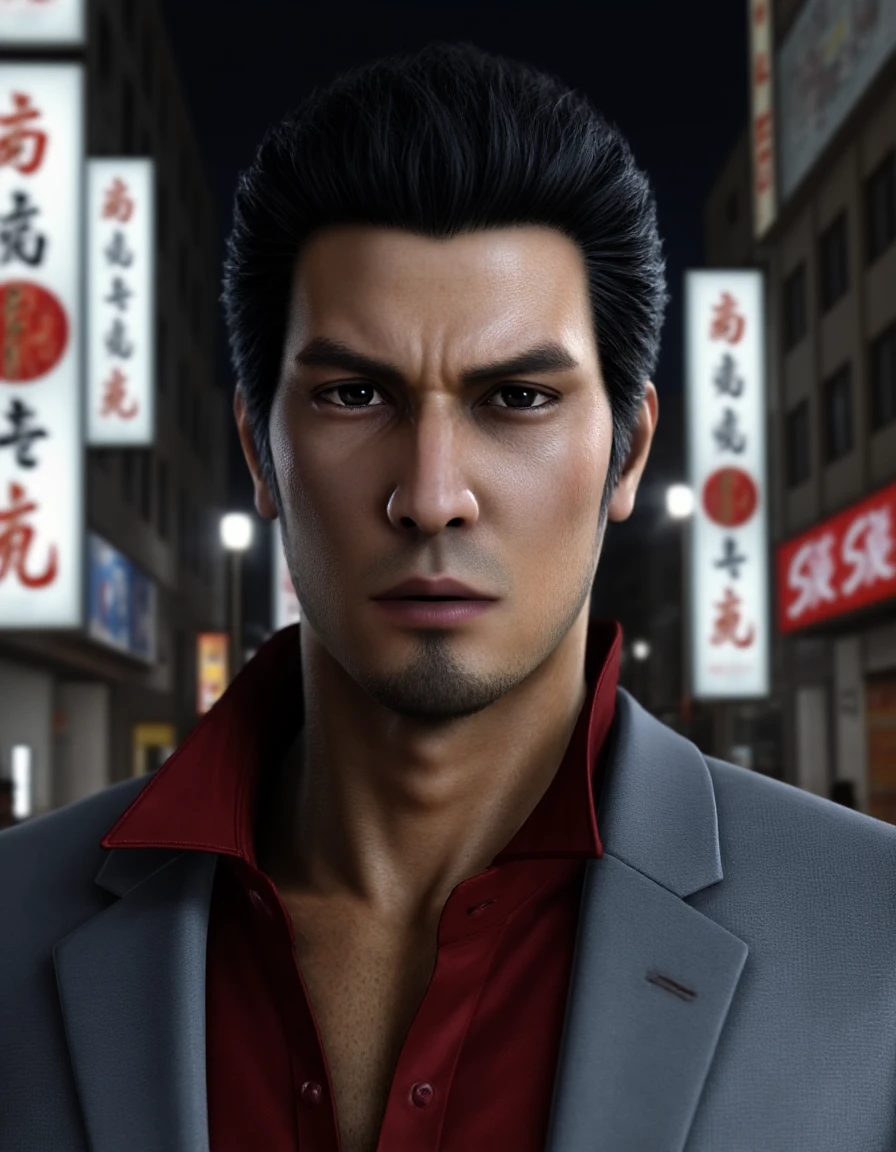 <lora:Kazuma Kiryu_epoch_23:1> Half-body photo of Kazuma Kiryu wearing grey suit and red shirt. The background implies Kabukicho at night.