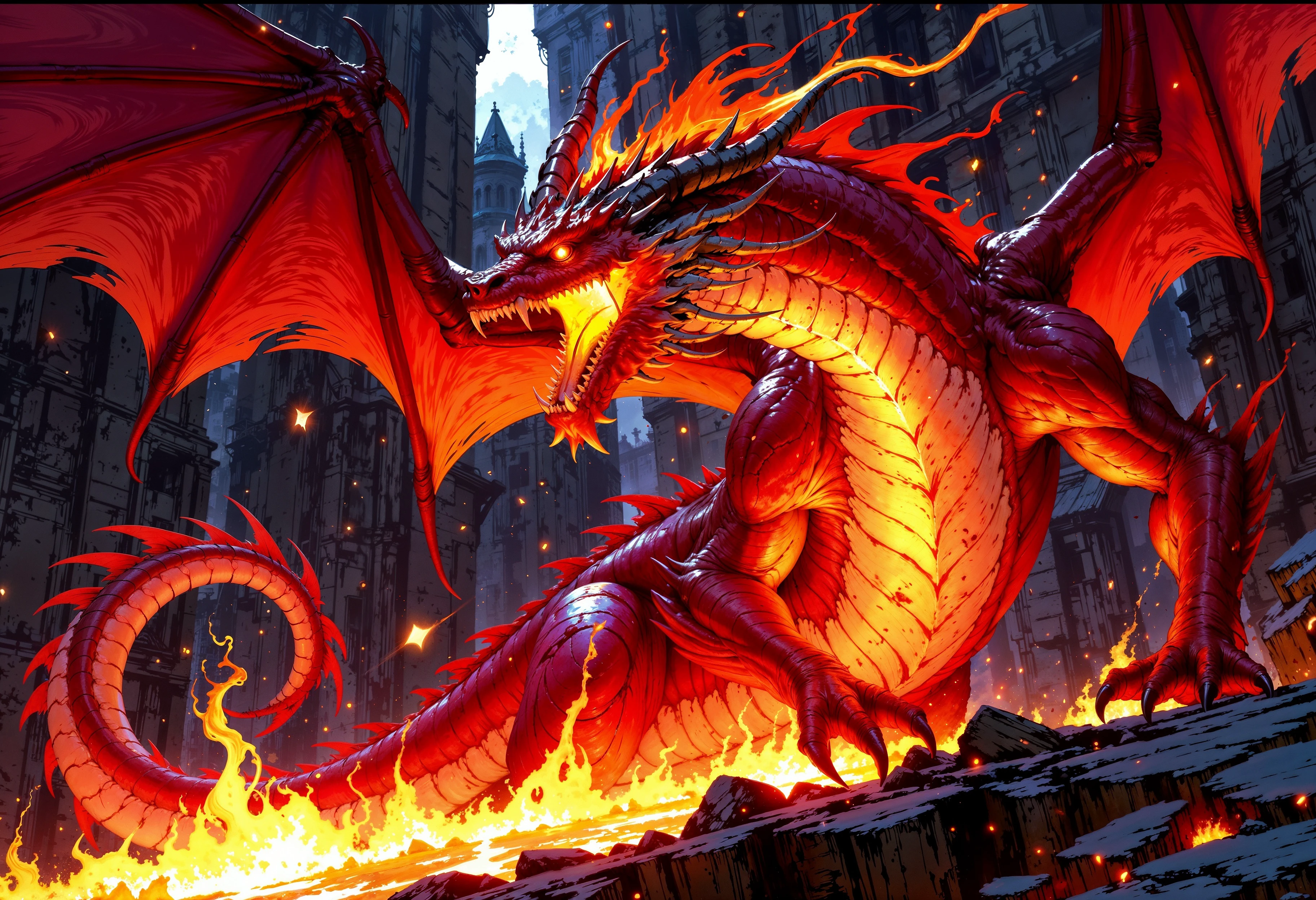 FluxEpicDragon, powerful red dragon, with a fire aura, and large wings  <lora:FluxEpicDragons:1>