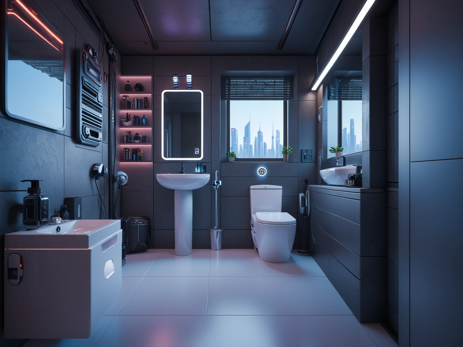 cyberpunk style interior design, toliet room, gamer room, e-sport, indoor light, natural light, clear tone,High resolution, C4D,UE5,realistic
