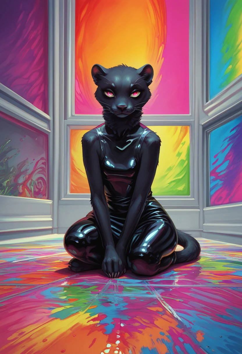 score_9, score_8_up, 1 girl, weasel, furry, solo, colorful, latex dress, black fur, painting by Hajime Sorayama, sitting on tiled floor, indoors, window, surreal multicolor colorful background,