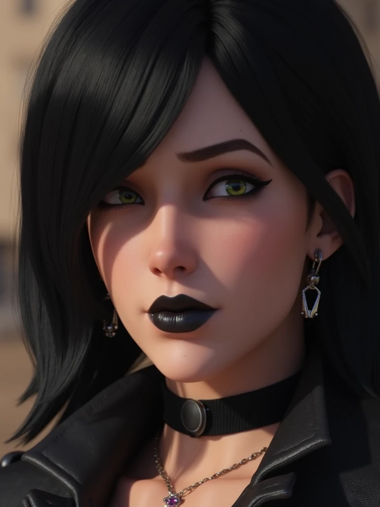 <lora:OverwatchCinematicStyle-guy90-FluxV1:1>, Overwatch Cinematic Style, a mature woman with black hair and black lipstick. Her hair is covering her eyes. She has green eyes with a little bit of purple pair. She is wearing a black choker and has earrings. She is wearing a leather jacket. The image is a portrait of the woman.