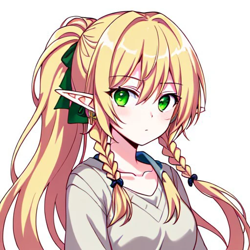 (masterpiece, best quality), 1girl, collarbone, {{Blonde}}, {{long hair}}, {{short twin braids}},{{ponytail hair}}, {elf ears}, girl, {green eyes},