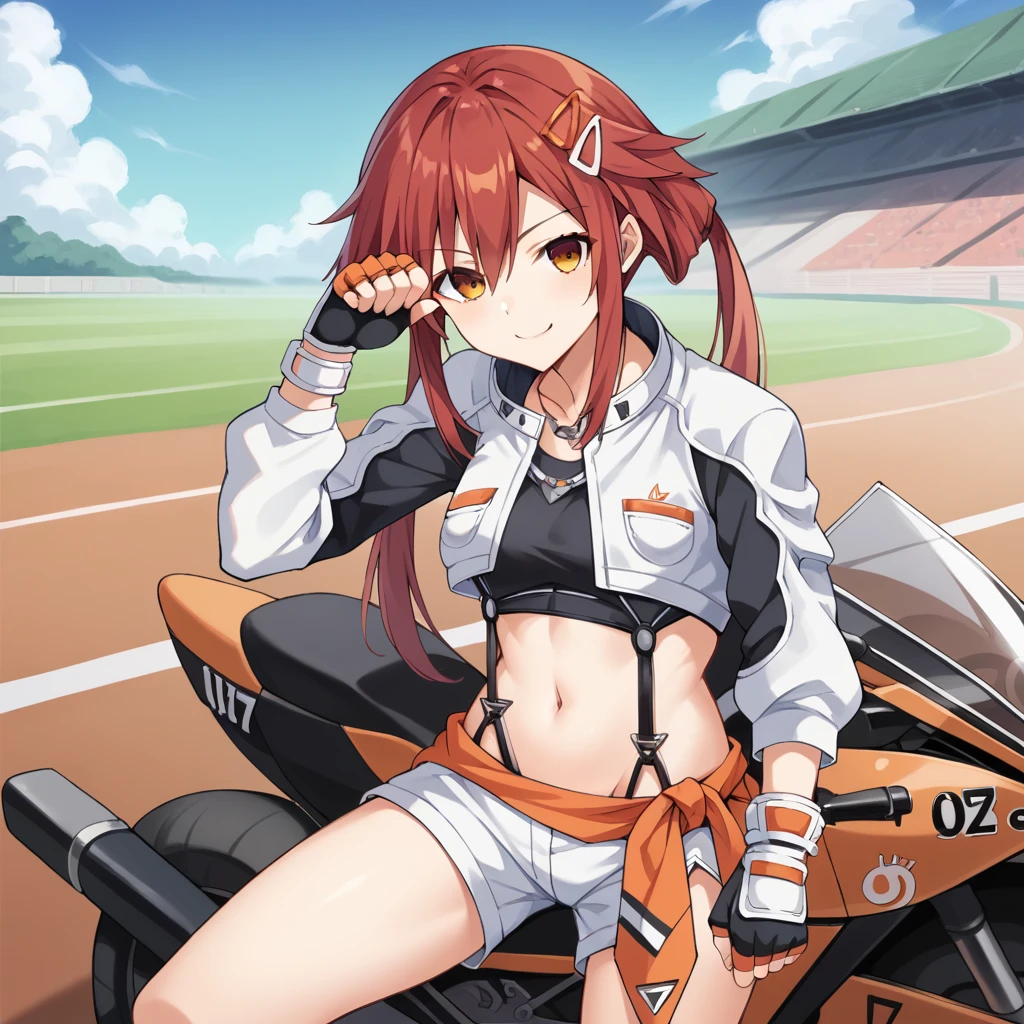 score_9_up, score_8_up, score_7_up, source_anime, masterpiece, best quality, 1girl, solo, Uzume, Uzu_Alt, sun light, race track, motorcycle, standing against motorcycles, reclining, cool pose, smug smile, looking at you, closed mouth, red hair, long hair, hairclip, orange eyes, twintails, crop top, black shirt, suspenders, micro shorts, white shorts, orange sarong, cropped jacket, white jacket, long sleeves, white sleeves, black gloves, fingerless gloves, necklace, midriff, navel, mature body, dynamic cowboy shot, outdoors, race track stadium background