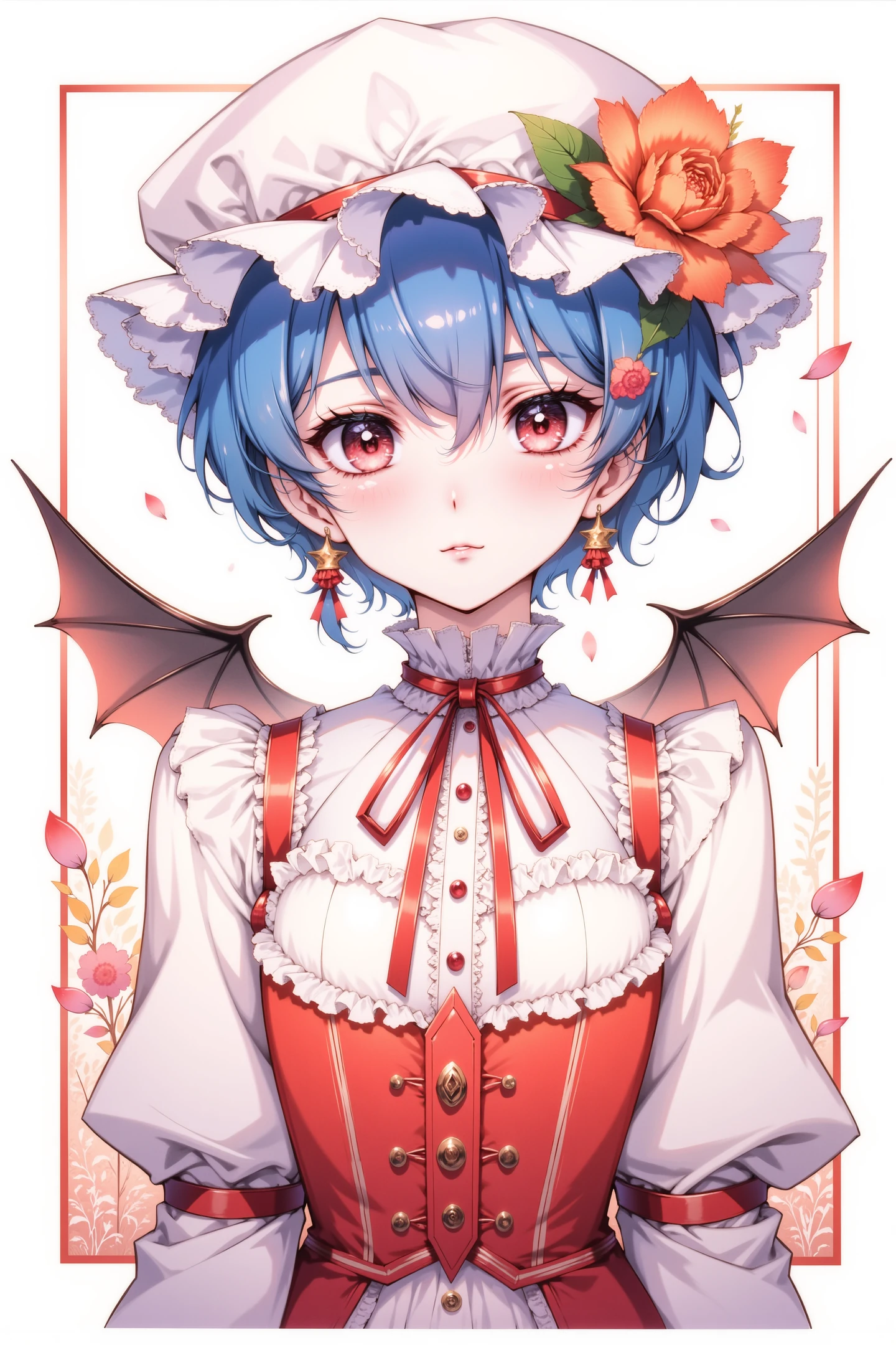 1girl, solo, wings, remilia scarlet, hat, flower, red eyes, long sleeves, looking at viewer, ribbon, blue hair, bat wings, puffy sleeves, short hair, juliet sleeves, red flower, mob cap, red ribbon, dress, upper body, bangs, hair between eyes, earrings, frills, jewelry, closed mouth, hat ribbon, blush, white dress, petals, hat flower, orange flower, neck ribbon, eyelashes, buttons, breasts, white headwear, red dress, border, expressionless,
<lora:flyx3_FLUX_v2:1>,