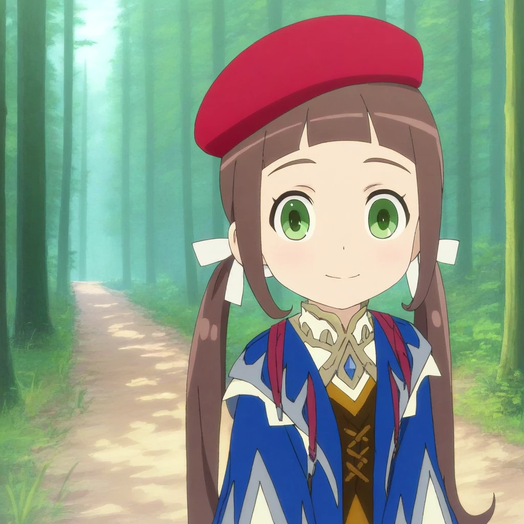 score_9, solo, lilia, beret, brown hair, twintails, green eyes, cute, outdoors, forest, looking at viewer