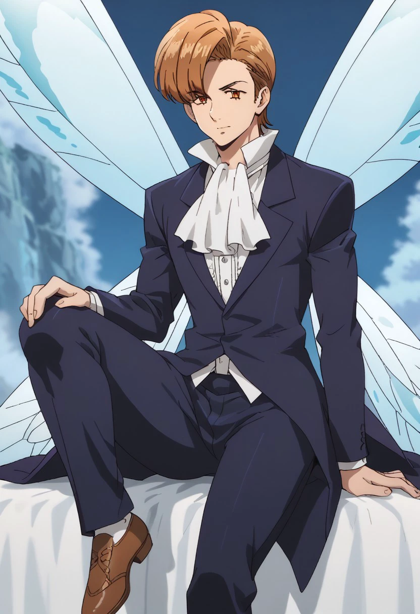 score_9, score_8_up, score_7_up, source_anime, rating_safe, KingNNT, orange-brown_King_hair, amber_King_eyes, blue_King_fairy wings, 1boy, male focus, anime screencap, dark blue_King_tailcoat, white_King_shirt, white_King_ascot, dark blue_King_pants, brown_King_shoes, sitting,