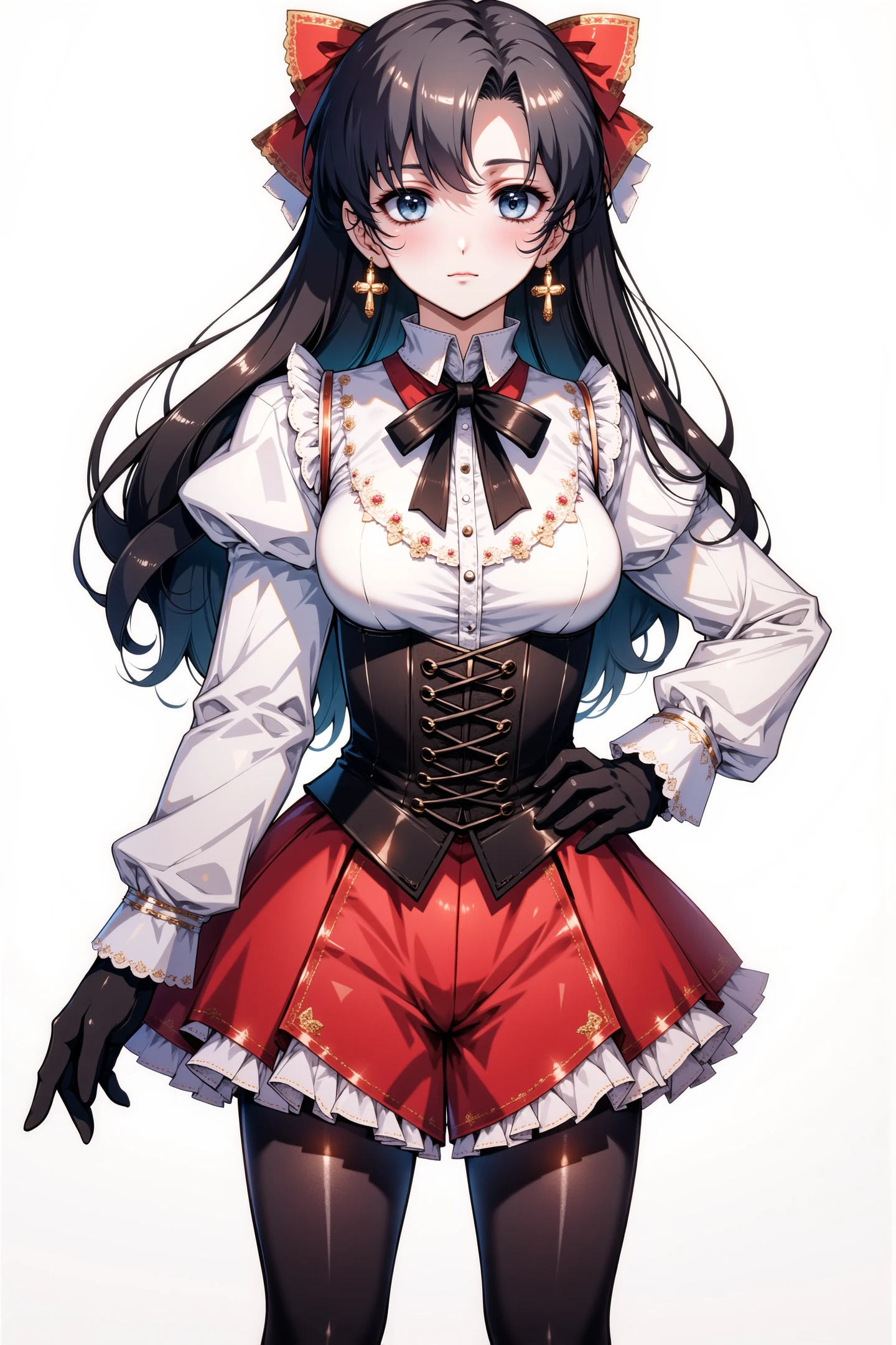 1girl, solo, long hair, earrings, jewelry, gloves, two side up, black hair, pantyhose, tohsaka rin, long sleeves, looking at viewer, cross, black gloves, bow, blue eyes, bangs, ribbon, black pantyhose, skirt, parted bangs, red bow, puffy sleeves, red skirt, blush, closed mouth, corset, breasts, arm up, hair ribbon, cowboy shot, hand on hip, bowtie, hair bow, frills, cross earrings, dress, shirt, white shirt, black ribbon, black bow,
<lora:flyx3_FLUX_v2:1>,