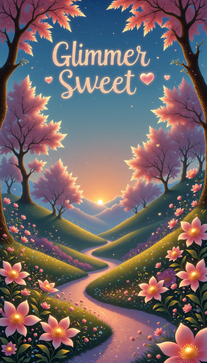 glitters, glowing hearts, text ("Glimmer Sweet":1.1), A pastel-colored garden with “Glimmer Sweet” written in sparkling letters