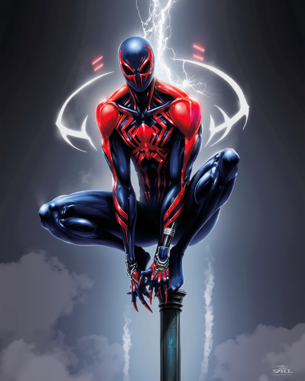 aiai-SM2099 aiai-Sl33k spider-man 2099 sitting crouched atop a thin pylon, tesla coil, crackling energy, sluper slim cybernetic spider-suit, Miguel O'Hara