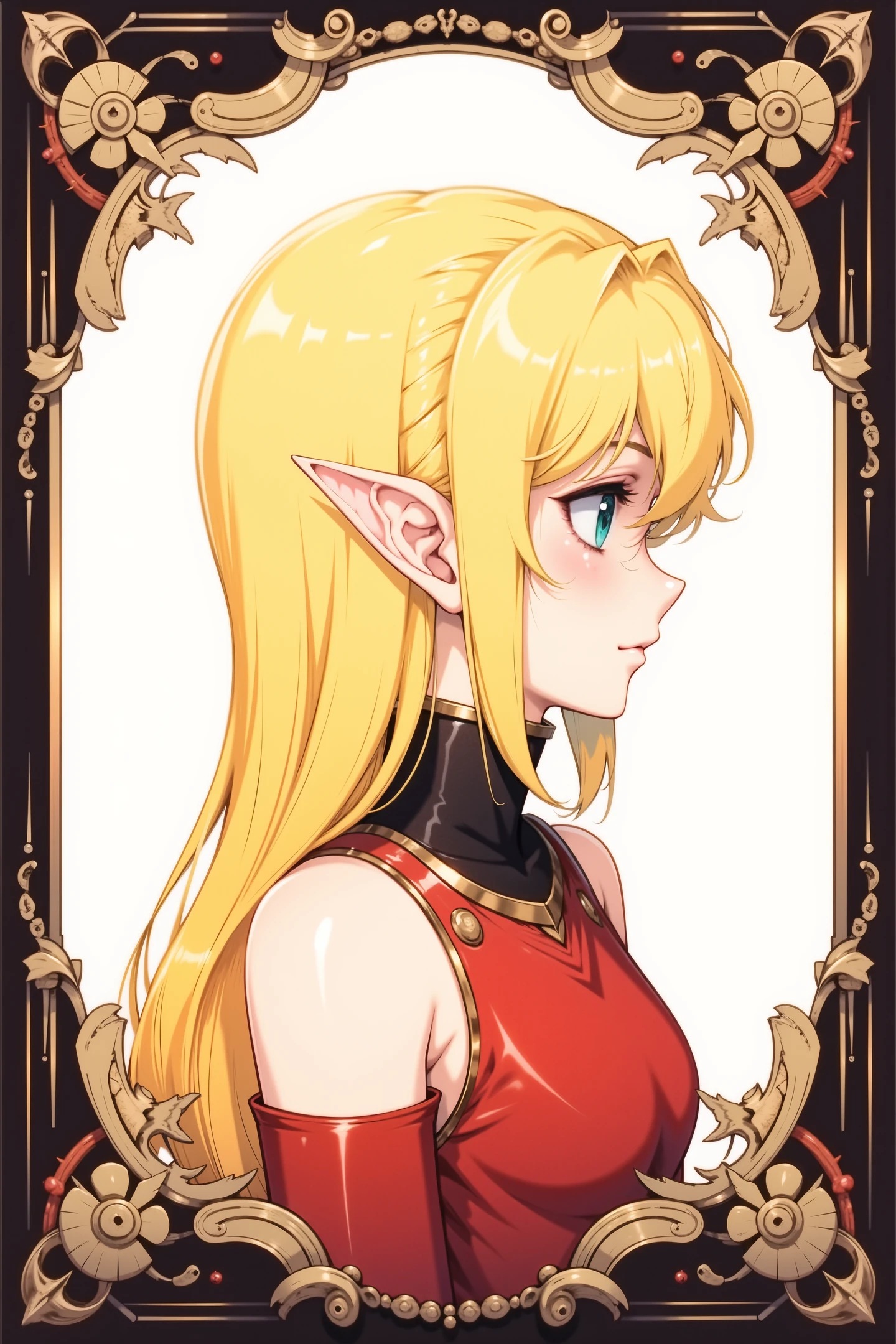 1girl, solo, pointy ears, blonde hair, elf, long hair, green eyes, profile, from side, sleeveless, circlet,red armor, upper body,retro border,
<lora:flyx3_FLUX_v2:1>,