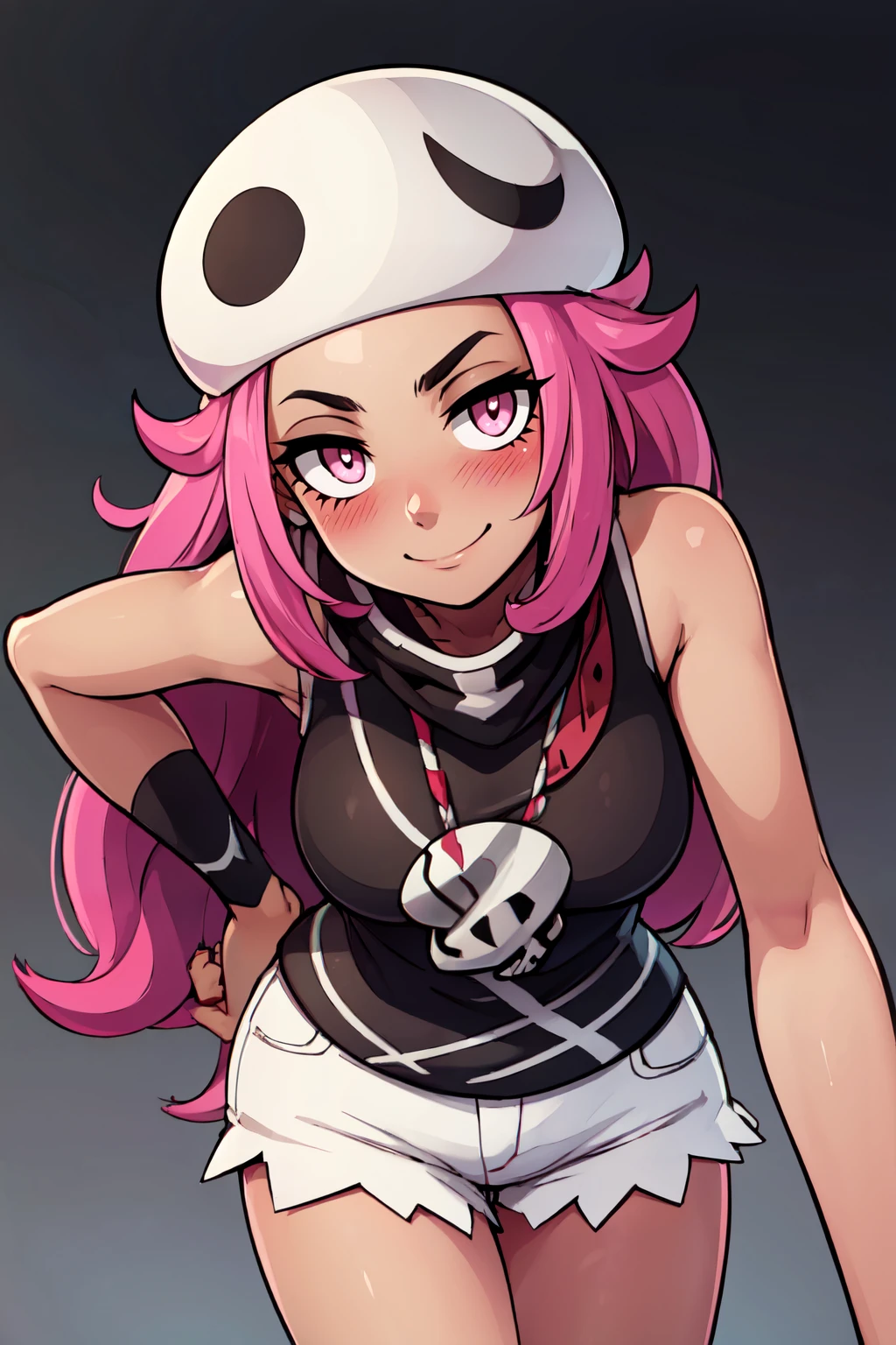 ((masterpiece,best quality)), absurdres,  BREAK, , <lora:Skull_Grunt_Pokemon:0.8>, zzSkullGrunt, pink eyes, pink hair, long hair, dark skin, white hat, bandana, sleeveless, black shirt, white short shorts, , BREAK, leaning forward, head tilt, blush,, BREAK, solo, smile, looking at viewer, cowboy shot,