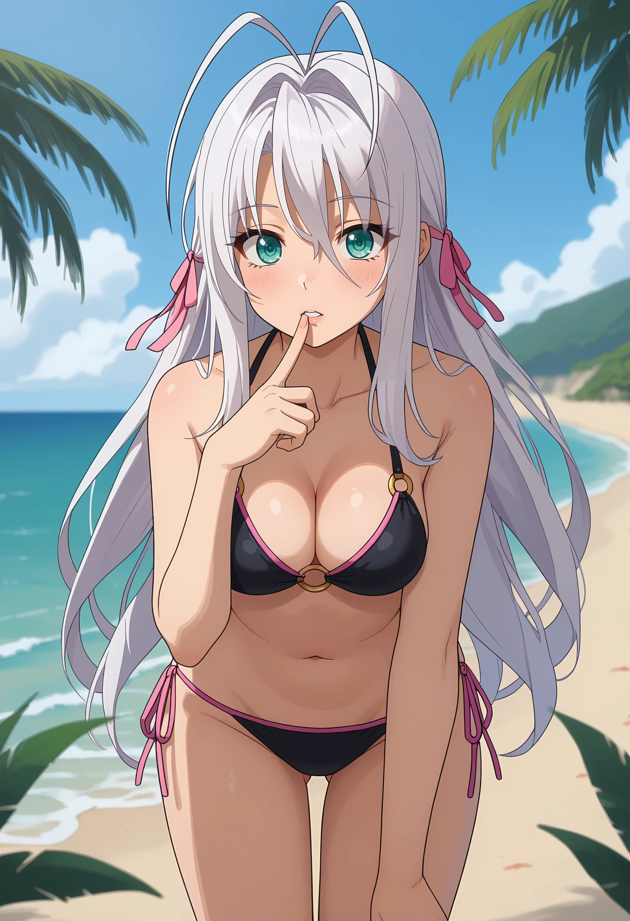 score_9,
<lora:HighschoolDxD_RossweisseXL:0.8>,
1girl, solo, parted lips, light blush, finger to mouth,
long hair, white hair, antenna hair, aqua eyes, hair ribbon, pink ribbon,
o-ring bikini, black bikini, cleavage, medium breasts, side-tie bikini bottom,
standing, leaning forward, looking at viewer,
blurry background, horizon, beach, palm tree