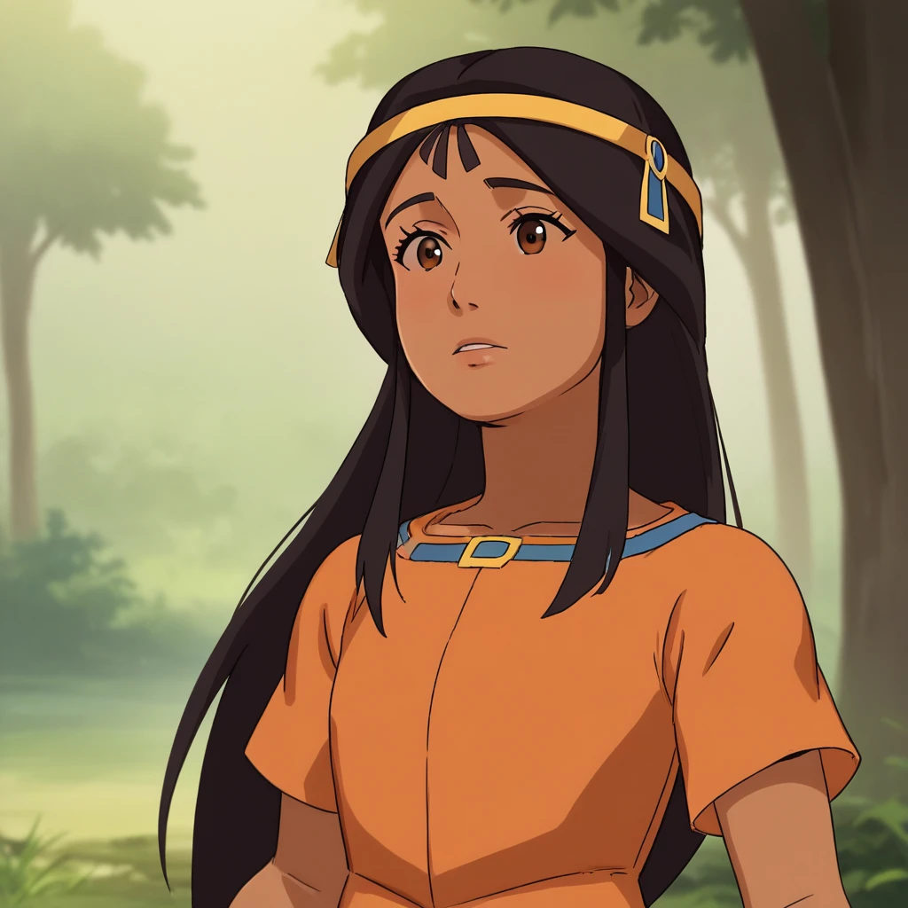 score_9_up, score_8_up, BREAK, Zia, 1girl , solo, dark-skinned female, brown eyes, black hair, long hair, headband, orange dress, upper body, <lora:Zia_CityOfGold_PXL_Leaf2:1>, outdoors,