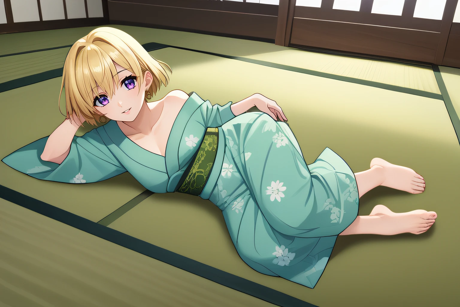 score_9, score_8_up, score_7_up, source_anime, rating_safe, intricate details, anime screencap, official style, 1girl, <lora:PONY_Shamal:1>, shamal, short hair, blonde hair, purple eyes, earings, floral print, green yukata, japanese clothes, green sash, frontal view, parted lips, tatami, smile, full body, barefeet, lying on floor, five fingers, off shoulders,