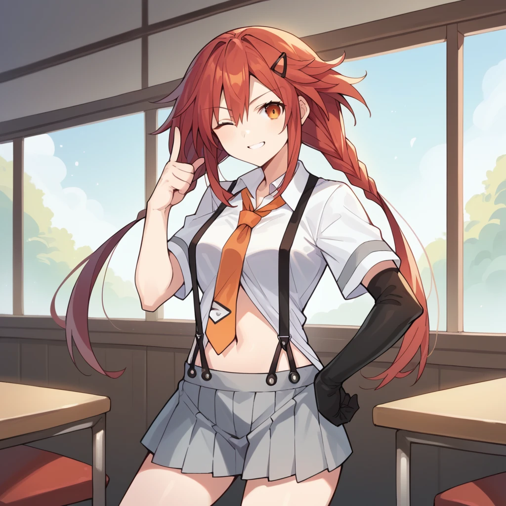 score_9_up, score_8_up, score_7_up, source_anime, masterpiece, best quality, 1girl, solo, Uzume, Uzu_def, sun light, window, standing, hand on hip, index finger up, hand up, smirk, wink, red hair, long hair, black hairclip, orange eyes, twintails, white shirt, twin braids, open shirt, orange necktie, suspenders, short sleeves, white sleeves, black gloves, striped gloves, asymmetrical gloves, elbow gloves, pleated skirt, suspender skirt, grey skirt, midriff, navel, mature body, dynamic cowboy shot, indoors, cafe background