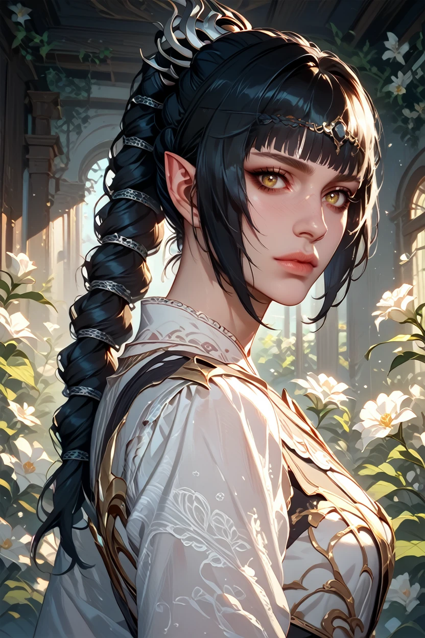 score_9, score_8_up, score_7_up, score_6_up
<lora:BGShadowH:1.0>
BGShadowH, 1girl, braided ponytail, pointy ears, black hair, blunt bangs, looking at viewer, indoors, overgrowned, bedroom, flowers, white flowers, vines