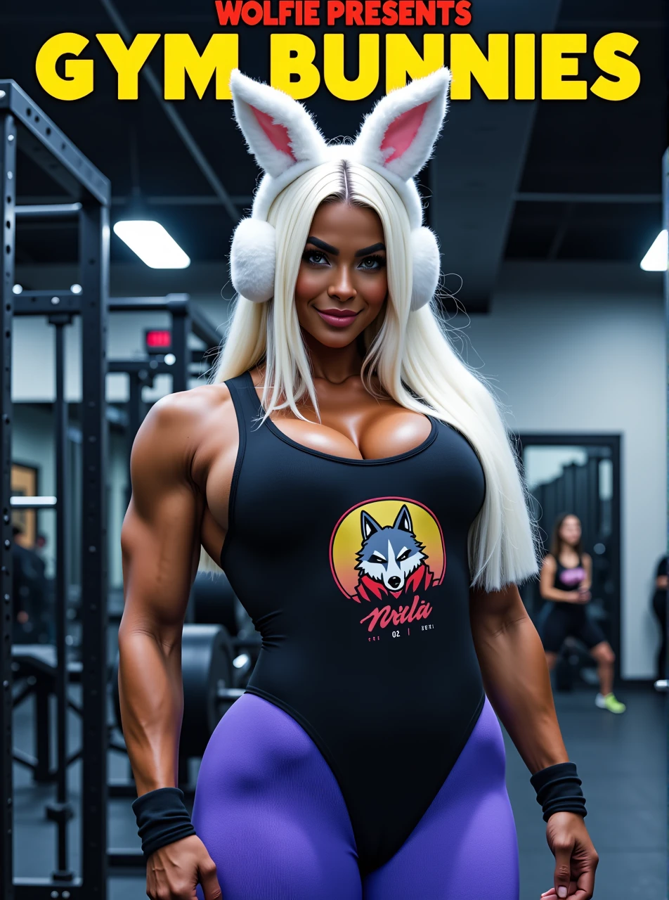 
Title: Display the title "Wolfie Presents Gym Bunnies" in bold and playful text,

main character: a woman with white hair and white bunny ears is at the gym, wearing a black gym shirt with a logo of a wolf, white ear muffs,  dark skin,  wearing blue-purple bodysuit,leggings, large breasts

visual style: wgymbunnf1, Ensure the overall visual style is consistent with high-quality photography, a movie poster
