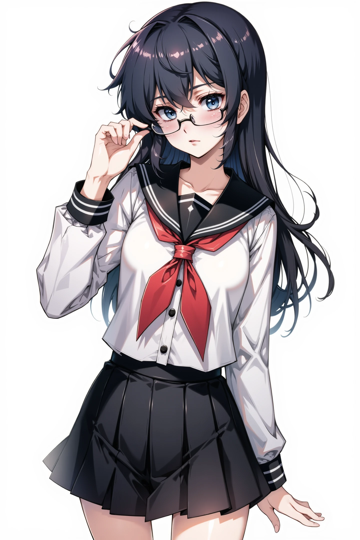 1girl, solo, skirt, long hair, pleated skirt, holding glasses, school uniform, black hair, long sleeves, looking at viewer, neckerchief, red neckerchief, wavy hair, black skirt, serafuku, shirt, cowboy shot, sailor collar, bangs, blue eyes, white shirt, miniskirt, buttons, parted lips, hand up, standing, breasts, shiny, blush, black sailor collar, very long hair, hair between eyes, shiny hair, fingernails, arm at side, messy hair,
<lora:flyx3_FLUX_v2:1>,