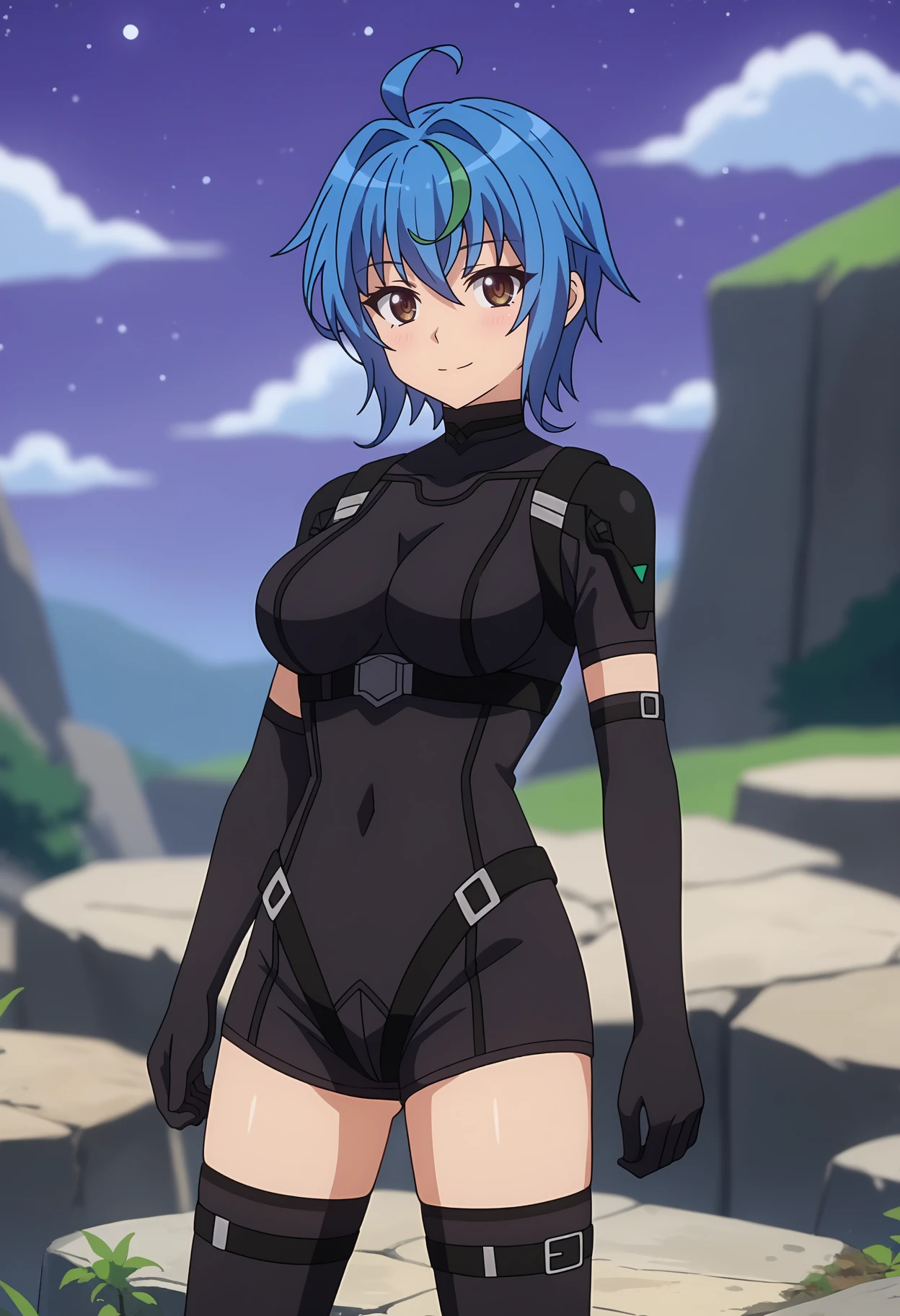 score_9,
<lora:HighschoolDxD_XenoviaQuartaXL:0.8>,
1girl, solo, closed mouth, light smile, light blush,
short hair, streaked hair, blue hair, green hair, brown eyes, ahoge,
XenoviaBodysuit, black bodysuit, short sleeves, elbow gloves, black belt, arm belt, black thighhighs,
standing, looking at viewer,
(purple sky, night:1.2), blurry background, outdoors, stone