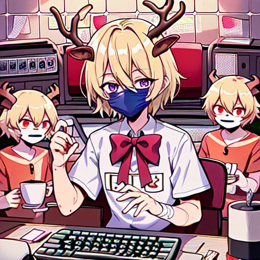 (masterpiece, best quality), surgical mask, demon horns, antlers, upper body, speaker, short hair, keyboard (computer), red skin, cowboy shot, outdoors, bandaid on face, tiles, blonde hair, purple bow, water, desk, english text, hair between eyes, coffee mug