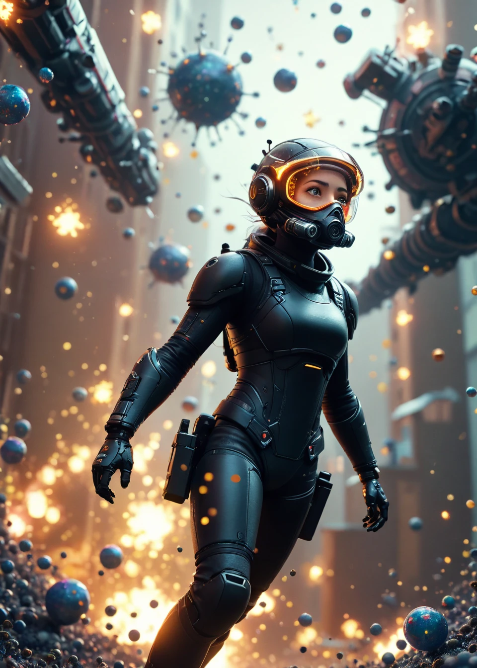 xslx, A futuristic pilot clad in a sleek exosuit navigates through the debris of a massive space battle, her visor reflecting the fiery explosions and distant stars as she maneuvers her ship through the chaos. with floating particles, depth of field, highly detailed, Inspired, Motion blur, Navy Blueaward winning <lora:fx-01:1>