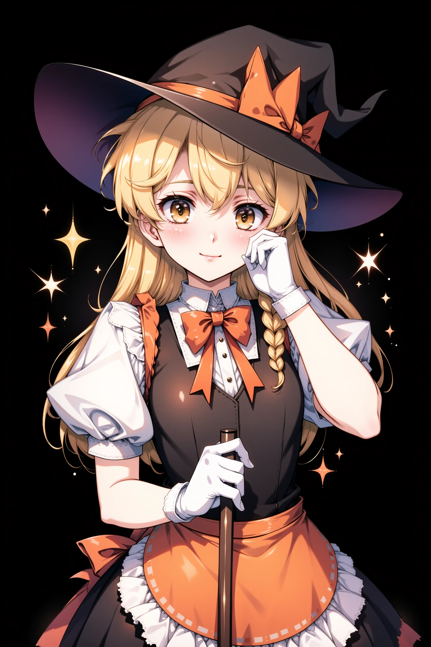 flyx3 Style,1girl,solo,kirisame marisa,hat,blonde hair,long hair,gloves,broom,braid,witch hat,star (symbol),bow,yellow eyes,looking at viewer,short sleeves,single braid,white gloves,puffy sleeves,hat bow,puffy short sleeves,apron,black background,side braid,orange bow,vest,cowboy shot,black headwear,dress,closed mouth,frills,smile,holding broom,skirt,adapted costume,waist apron,hair bow,hand on own face,ribbon,bowtie,shirt,blush,star background,
<lora:flyx3_FLUX_v2:1.0>,