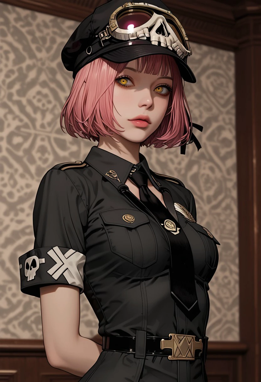 1girl, pink hair, short hair, and vintage-style goggles resting on head, googles not over the eyes. bright yellow eyes, oval face, pale skin, slim body, short high, full lips, medium breast, detailed background, 
,skull hat ornament, uniform, military uniform, black uniform, hat, cap, black cap, armband, collared shirt, black necktie, indoors, hands behind back, cowboy shot,