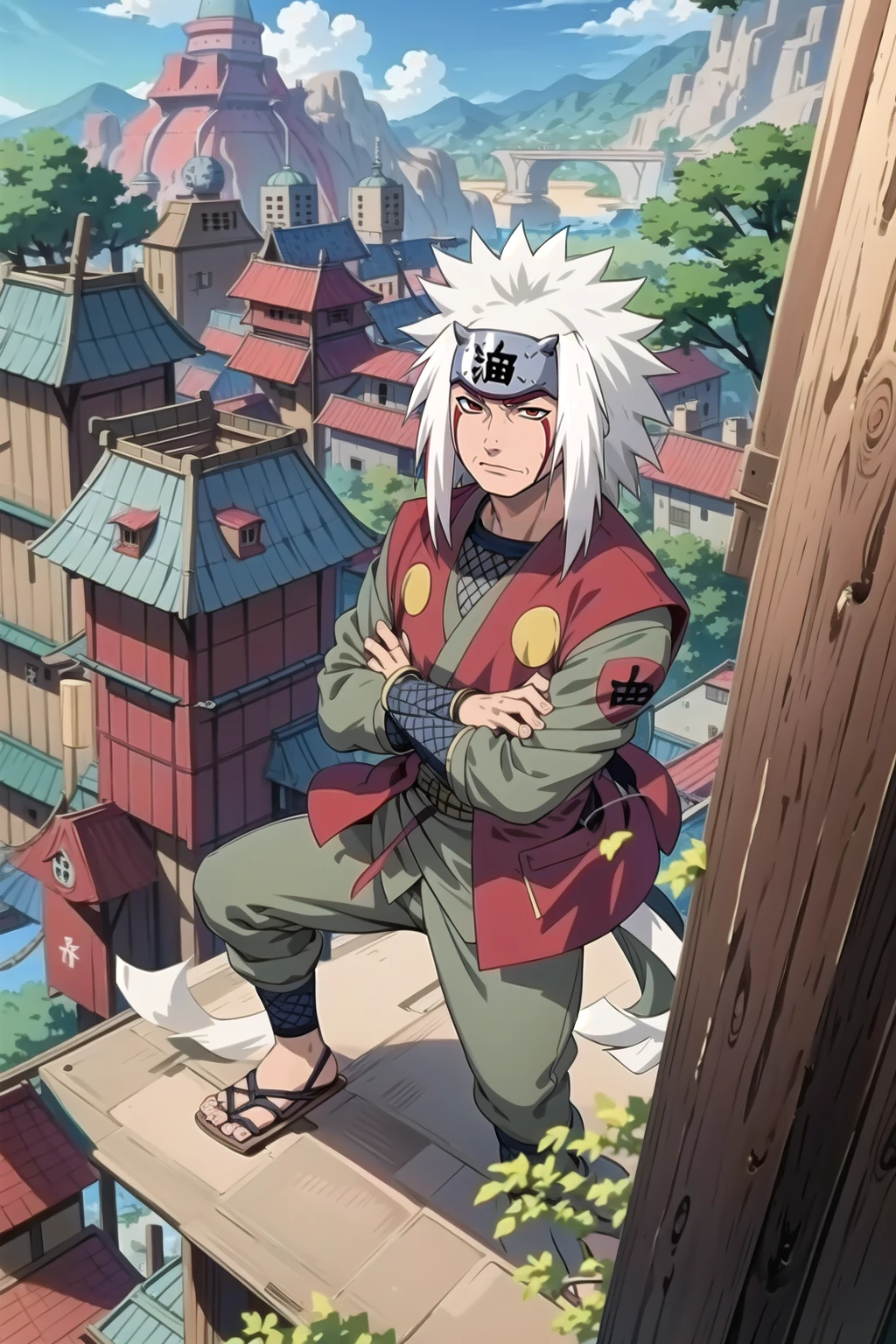 masterpiece, best quality, <lora:Jiraiya_512x512-000009_v4:0.7>,  jiraiya, 1man, full body shot, high angle shot, arms crossed, side angle <lora:ARWKonohaVillage:0.5> konohavillage