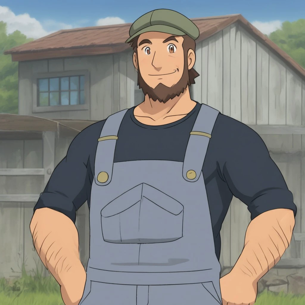 Solo, male, Pkmm_trainer_Meyer, bara, hairy arms, beard, brown eyes, brown beard, short brown hair, naval, chest hair, overalls pulled down, shirtless, pectoral  muscles, nipples, abs, smile, penis bulge, leaning against a fense, outside, at a farm, daytime, sweets body, half naked