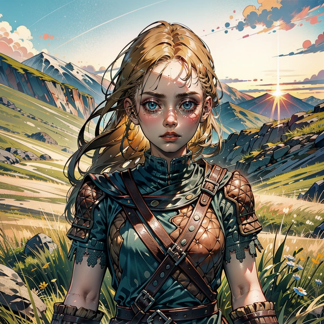 1girl,solo,beauty,blond hair,armor,belt,looking at viewer,sunset,grass,mountain,Highly detailed,(ultra-detailed),(best quality,masterpiece:1.5),<lora:The Elder Scrolls V Skyrim-Stormcloak Armor:0.7>,