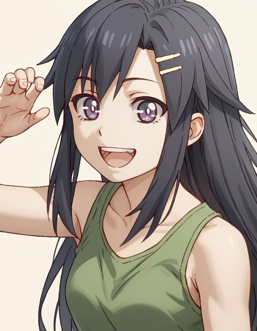 Satsuki, long hair, black hair, hair ornament, purple eyes, hairclip, tank top, green shirt, score_9, score_8_up, score_7_up, score_6_up, score_5_up, score_4_up, source_anime <lora:MissShachikuLittleBabyGhost:1>, Dynamic Pose, Happy,