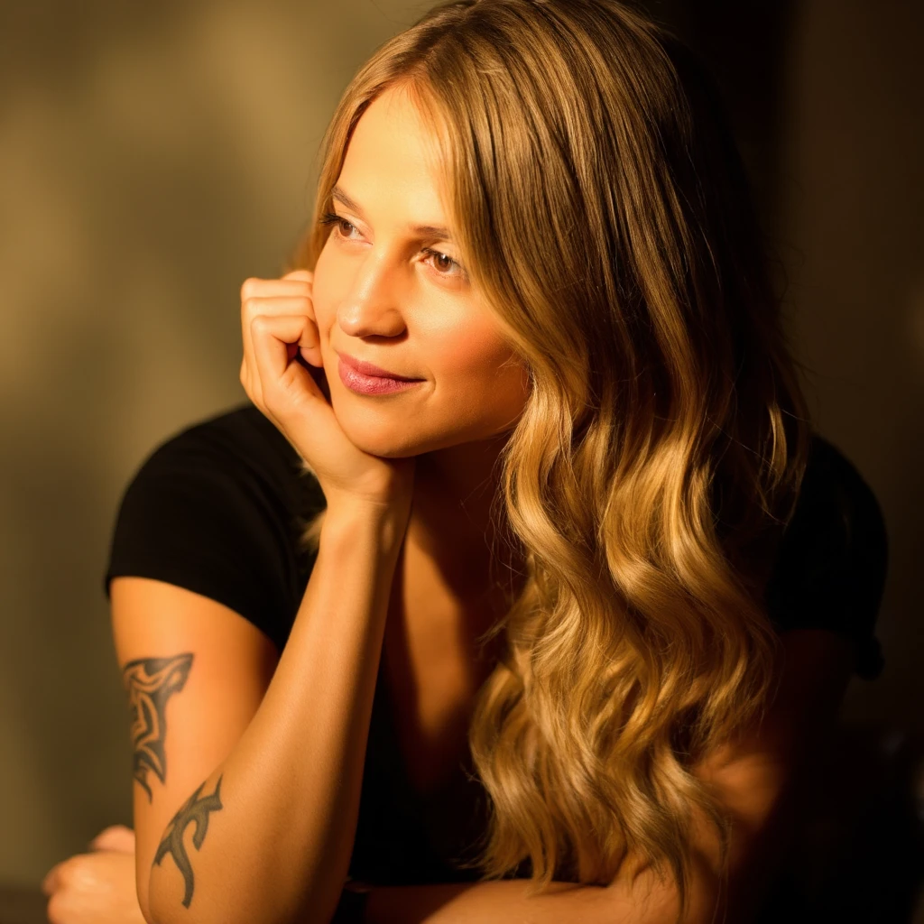 alicia_vikander, A portrait of a woman with long, wavy blonde hair, illuminated by soft, golden light. She has a contemplative expression, resting her chin on her hand, and her gaze is directed slightly away from the camera. The background is blurred, highlighting the subject. She wears a black top and has multiple tattoos on her arms, including one on her left shoulder and another on her right shoulder. The woman's hair is styled in loose waves, with strands cascading down her back, creating a sense of movement and energy. The image has a dreamy, ethereal quality, emphasizing the subject's facial features and hair texture. <lora:AliciaVikander_F1D:1>