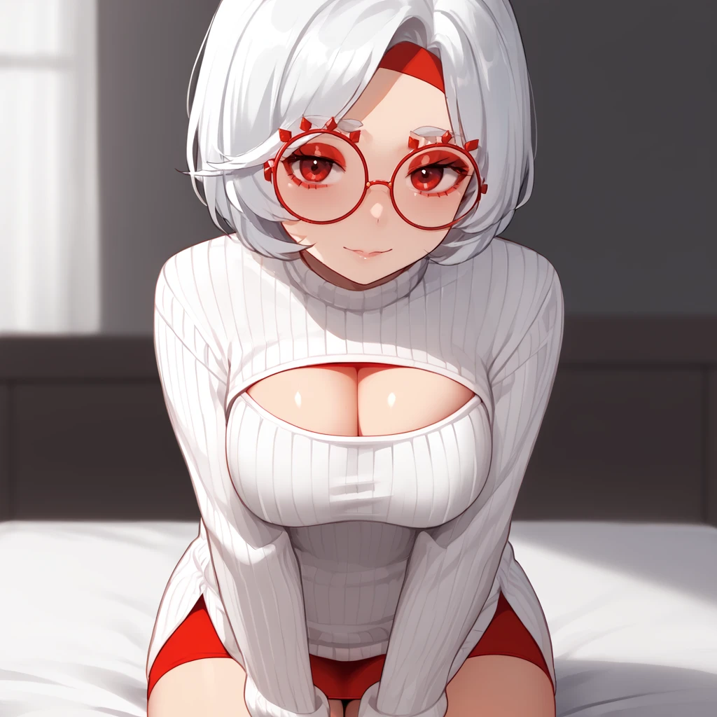 <lora:purah_pony_v1:.8>purai, 1girl,, medium breasts, glasses, hair stick, white hair, hair ornament, round eyewear, red eyeshadow, short hair, red eyes, single hair bun, makeup,,  <lora:open-chest-sweater-ponyxl-lora-nochekaiser:1> open-chest sweater, ribbed sweater, cleavage cutout, meme attire, clothing cutout, turtleneck, sweater dress, cleavage, clothes tug, sweater pull, cleavage reach,