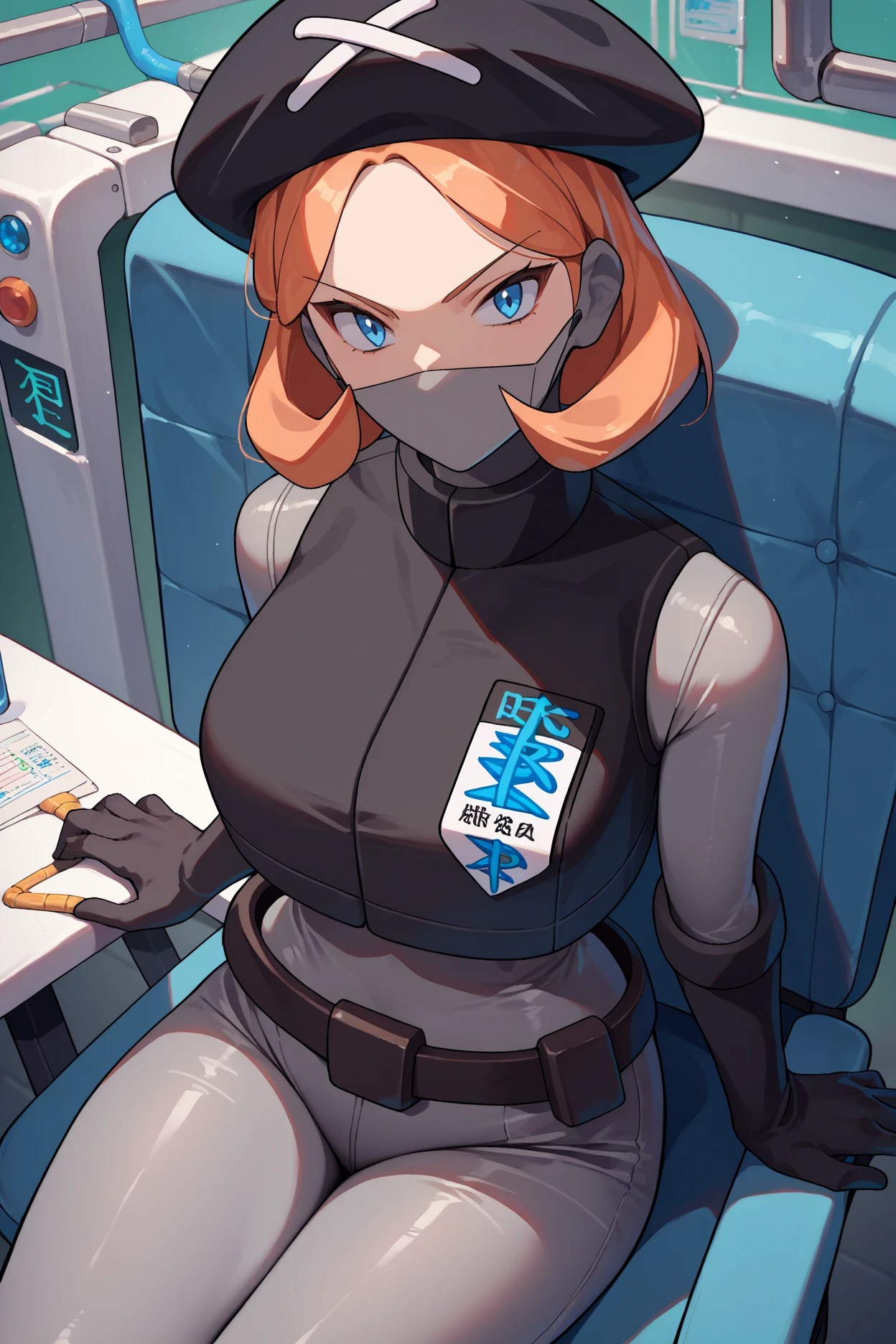 score_9, score_8_up, score_7_up, score_6_up, source_anime, 1girl, solo, <lora:pmpgrunt-pdxl-nvwls-v1-000006:1> pmpgrunt, orange hair, medium hair, blue eyes, black beret, mouth mask, black vest, grey bodysuit, belt, black gloves, large breasts, sitting, looking at you, chair, laboratory