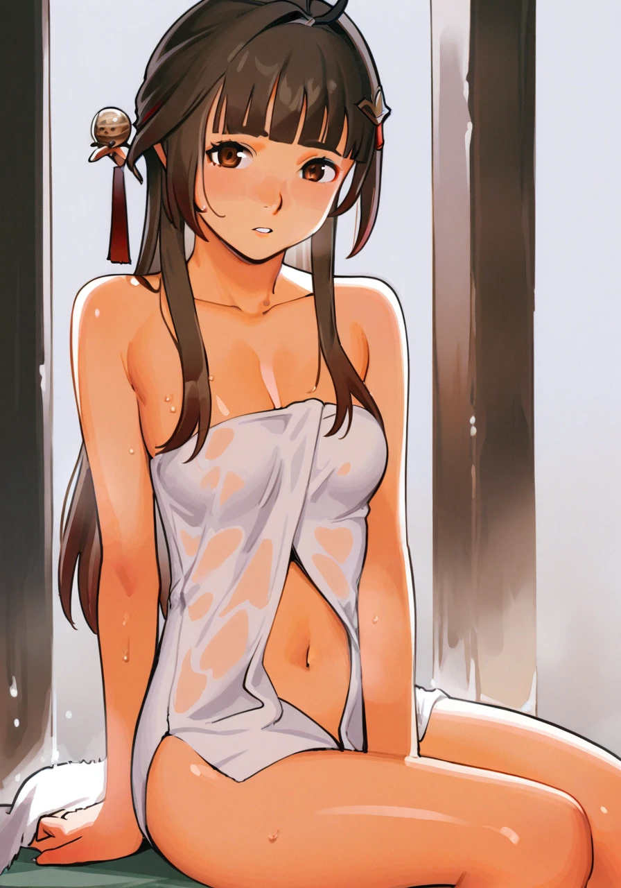 masterpiece, best quality,   <lora:lingsha-xl:1>, <lora:comiclo-xl-a3.1:1>,
lingsha (honkai: star rail), 1girl, breasts, solo, long hair, towel, naked towel, brown hair, navel, cleavage, white background, hair ornament, wet, blush, looking at viewer, ahoge, simple background, red eyes, bangs, large breasts, very long hair, bare shoulders, tassel, multicolored hair, parted lips, stomach, blunt bangs, medium breasts, groin, sitting, collarbone, between legs, covering, red hair, thighs