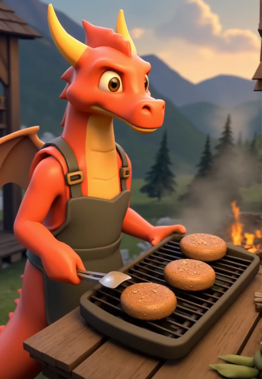 tf2style, Anthro dragon wearing an apron cooking hamburgers on the barbecue.  