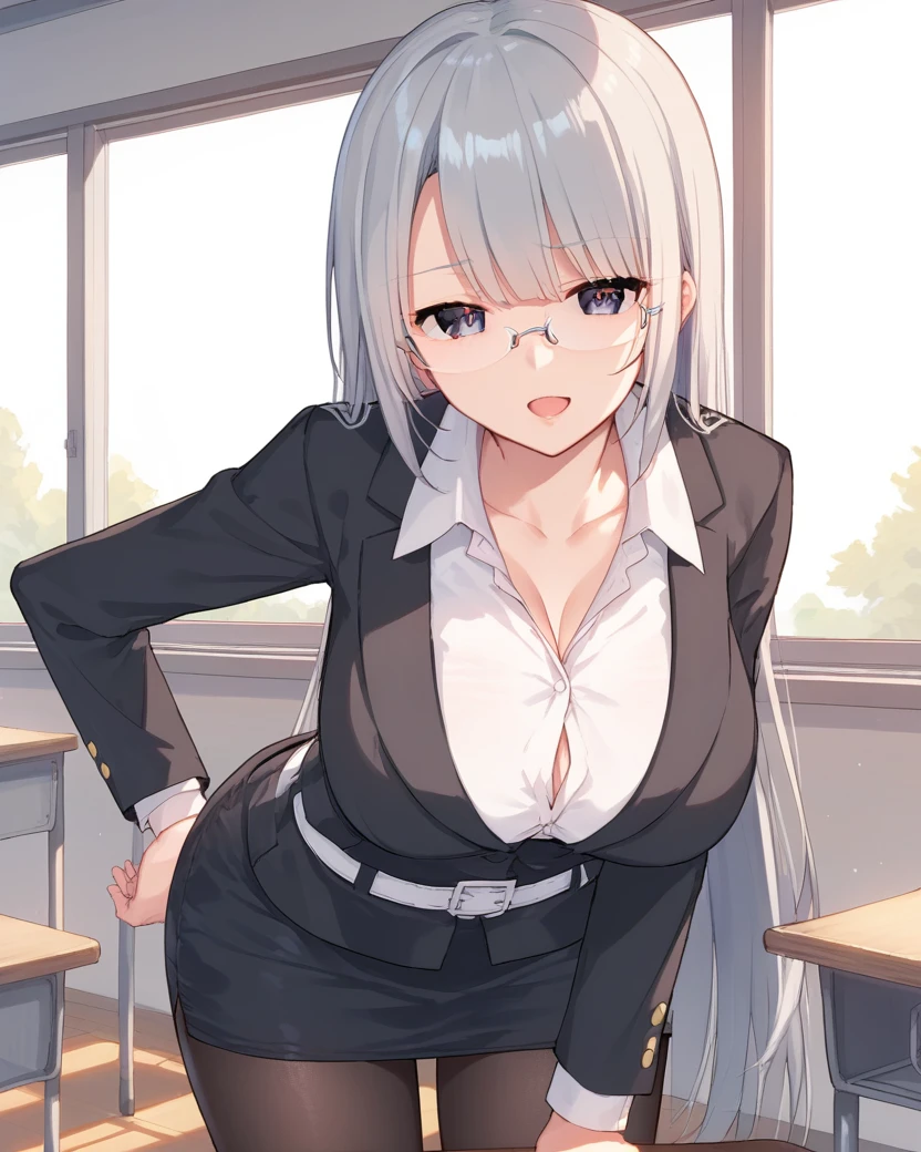 <lora:sensei_chan:1>,senseichan,long hair,grey hair,large breasts,rimless eyewear,
suit,teacher,white belt,pencil skirt,black pantyhose, 
1girl,solo,
standing,cowboy shot,looking at viewer,leaning forward,arm support,school desk,
classroom,
naughty face,open mouth,, score_9,score_8_up,score_7_up,source_anime,best quality,masterpiece,uncensored,detailed eyes,