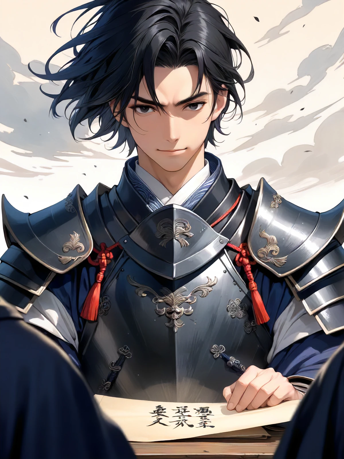 masterpiece, projecting a commanding presence, meditative, mythical, ink scenery, parchment, simple background, standing,  disappointed, smile, 
1male, black hair, black eyes, very short hair, clean shaven face:1.4, high level of intelligence and a strategic eye, weak in hand-to-hand combat, never lost a battle, 
japanese armor, full armor, japanese clothes, Armor made from leather, cloth, and thread. 
Indigo and silver decorated armor, Wisdom general,