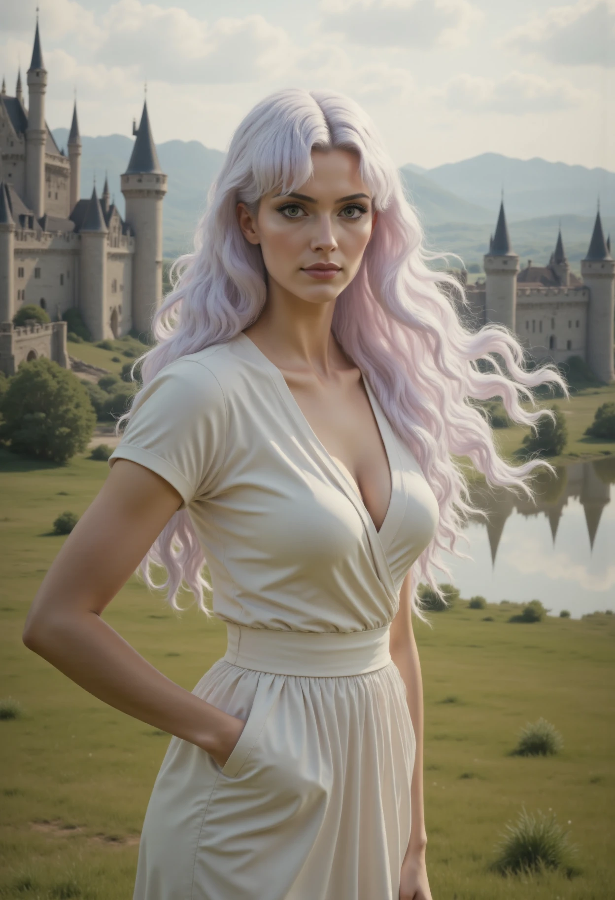 Elle with long white hair wearing a silk dress posing for the camera with a castle in the background. friendly smerk. depth of focus, perfect fit body, clothes focus, detailed cloth, side view,