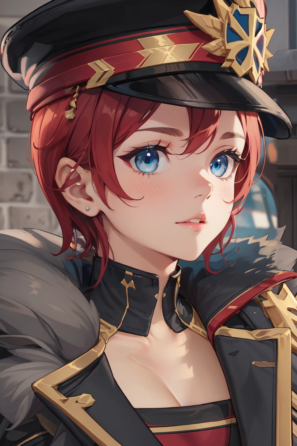 (masterpiece, best quality, beautiful and aesthetic:1.3),
rom_tyrant, 1girl, solo, portrait, close up, short hair, police cap, fur trim,
shiny skin, beautiful face, beautiful eyes, extreme detailed, official art, professional illustration, hires,
<lora:rom_tyrant-08:0.9>, <lora:add_detail:0.5>