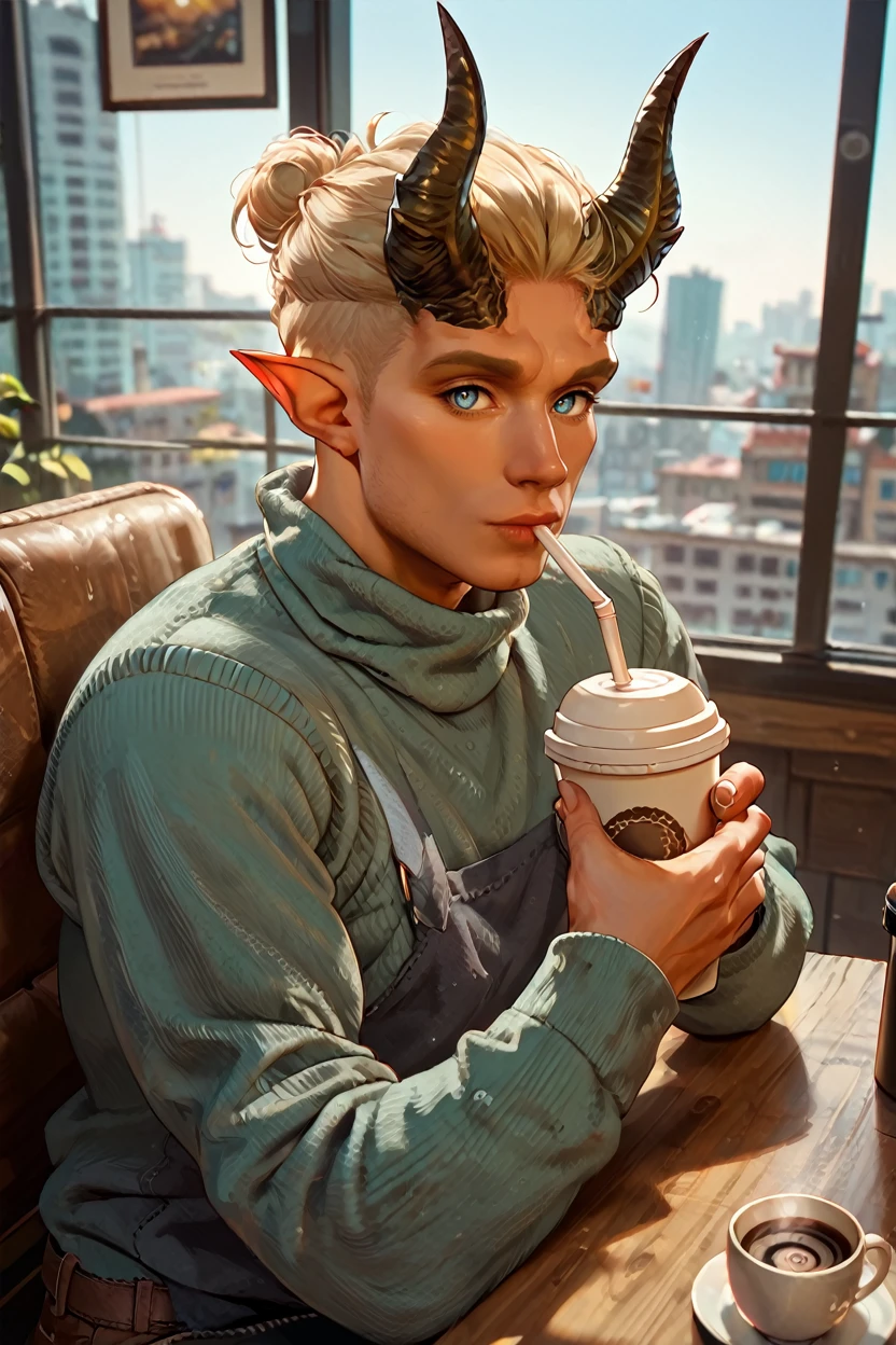 score_9, score_8_up, score_7_up, score_6_up
<lora:BGDammon:1.0>
BGDammon, 1boy, blonde hair, blue eyes, demon horns, pointy ears, looking at viewer, sitting in a modern café, wearing a cozy sweater, sipping coffee, large windows with natural light streaming in, urban and relaxed vibe