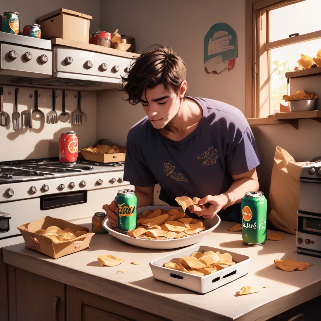 dsk_fantastical_art, score_9, score_8_up, a can of potato chips on the kitchen counter