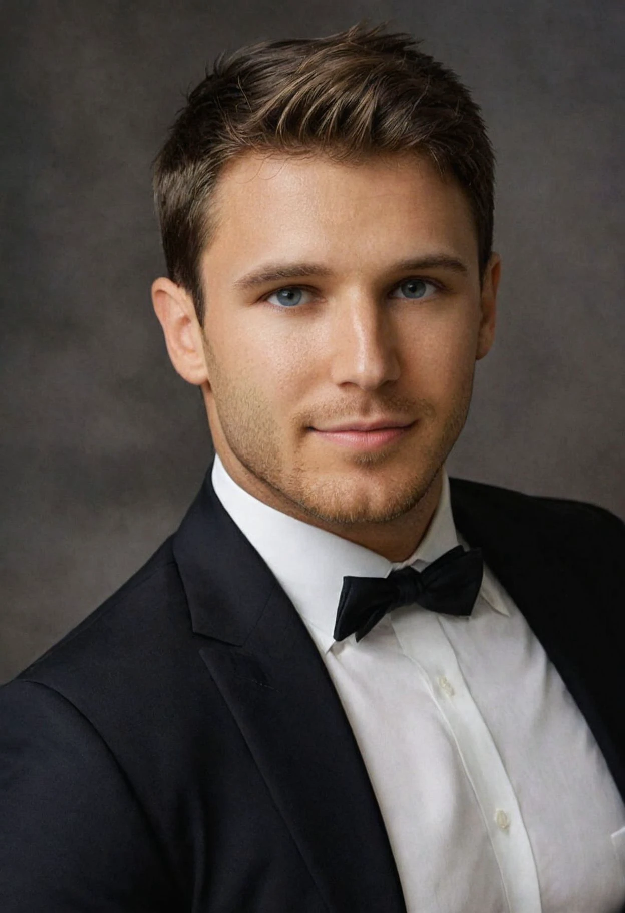 Create an ultra-realistic shot of a sam-cushing with natural,flawless skin,muscular body,short hair,light smile,brown hair,beard stubble,head rest.,
He should be wearing white shirt,black suit,tie,belt.,
Focus the shot intensely on his eyes,capturing their depth and emotion.,
Ensure the lighting highlights the textures and subtleties of his skin while keeping the background soft and unobtrusive.,
Emulate the style of National Geographic Magazine portraits,known for their authenticity and detailed storytelling.,
For additional inspiration,refer to the works of Steve McCurry and Annie Leibovitz,whose portraiture often captures both profound realism and striking visual elements.,<lora:sam-cushing:0.9>,