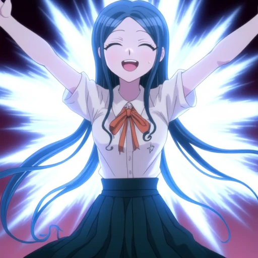 This anime screencap is from Danganronpa the Animation. Tsumugi Shirogane wearing her uniform from Danganronpa V3 but without her blazer. Tsumugi is holding her arms out towards the viewer. Tsumugi's outfit consists of a white blouse with an orange bow tied at her collar. She wears a teal-black pleated skirt. Her long, dark blue hair is spread out behind her with her arms outstretched above her head.  She is smiling widely and her mouth is slightly open. The image is a three-quarter shot that cuts off at her waist. The image is stylized in a soft, anime style with a colorful palette that emphasizes white and shades of blue. The background of the image is blurred and filled with abstract shapes and patterns that seem to be exploding outwards from behind Tsumugi's body. These are in various colors, including blue, white, and pink. The image is illuminated by brightly glowing, white light.