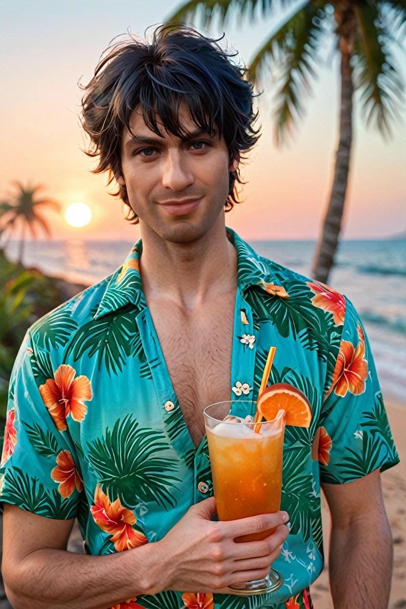 (best quality,4k,8k,highres,masterpiece:1.2),ultra-detailed,(realistic,photorealistic,photo-realistic:1.37),extremely detailed face and body, muscular shirtless man with tanned skin, handsome, chiseled jawline, piercing eyes, thick eyebrows, 5 o'clock shadow, short wavy dark hair, Hawaiian shirt, holding tropical cocktail, at lively Hawaiian themed party, colorful decorations, palm trees, beach in background, warm lighting, vibrant colors