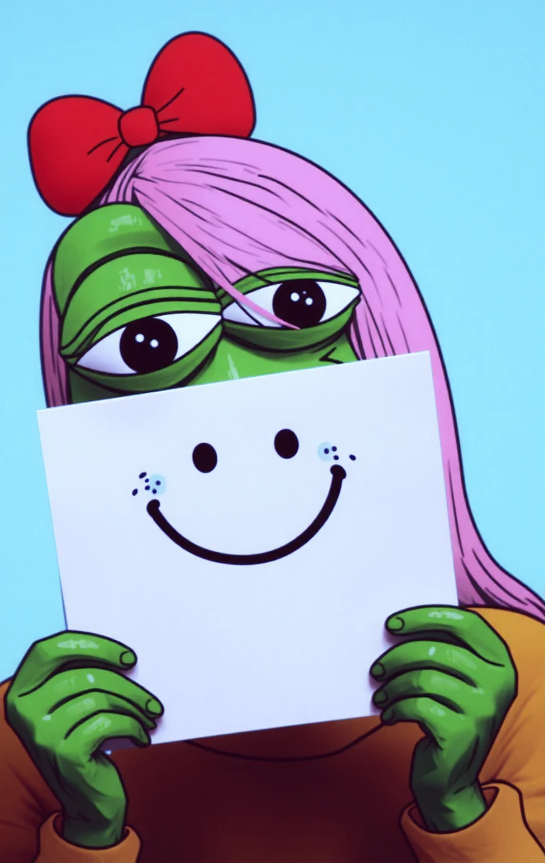 pepe that looks depressed holding a piece of paper with a smile drawn on it over her mouth, she is about to cry