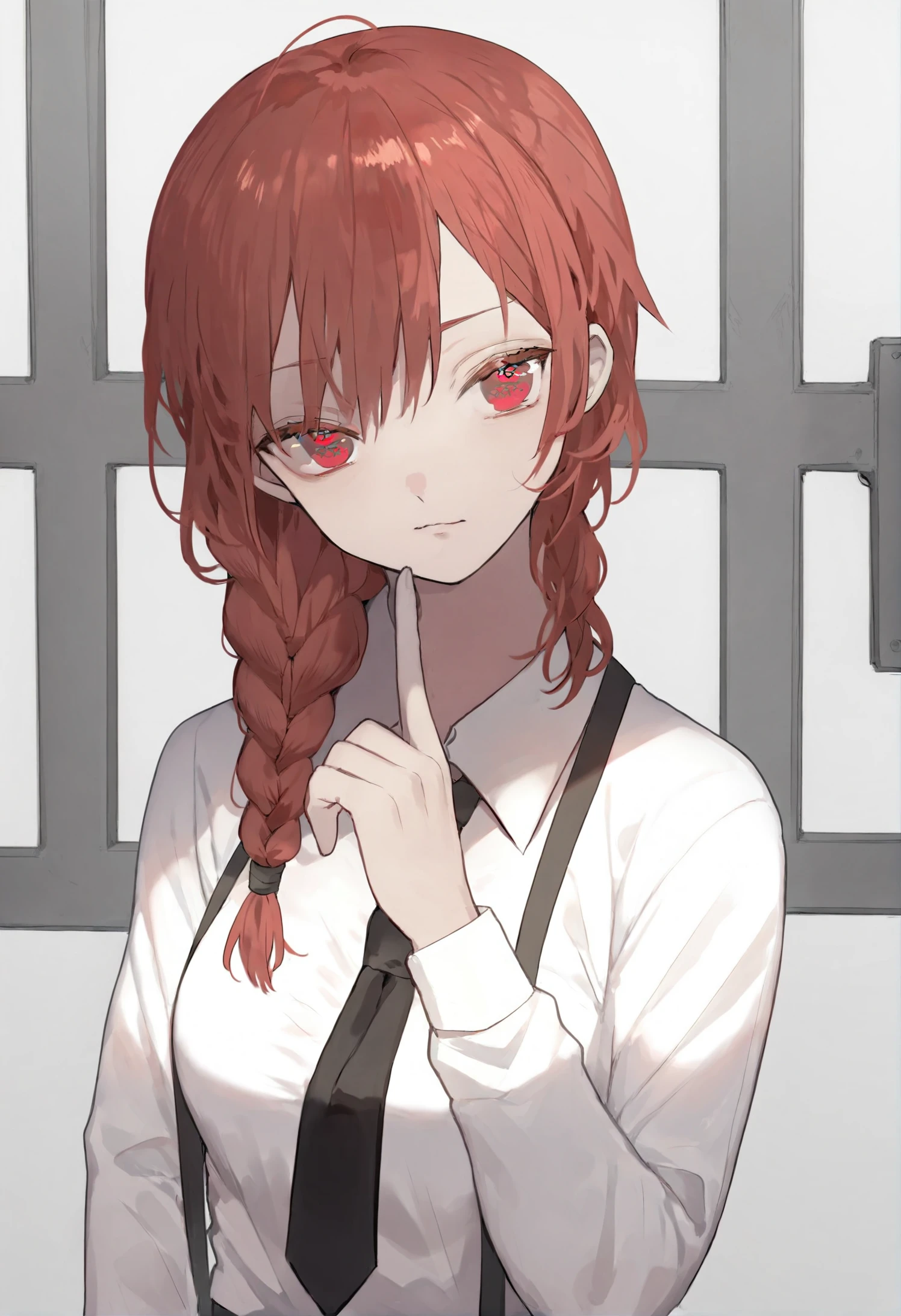 masterpiece, best quality, makima \(chainsaw man\), solo, 1girl, shirt, black necktie, necktie, white shirt, red hair, looking at viewer, ringed eyes, collared shirt, braid, long sleeves, upper body, index finger raised, sidelocks, closed mouth, breasts, red eyes, braided ponytail, long hair 
 <lora:karohrokaXLlokr4f-000180:0.95>