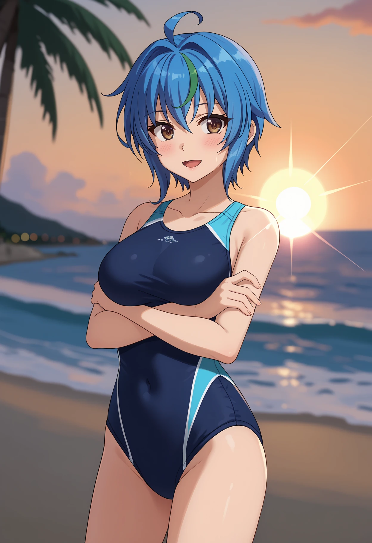 score_9,
<lora:HighschoolDxD_XenoviaQuartaXL:0.8>,
1girl, solo, open mouth, light smile, blush,
short hair, streaked hair, blue hair, green hair, brown eyes, ahoge,
competition swimsuit, blue one-piece swimsuit, medium breasts,
standing, crossed arms, breast hold, looking at viewer,
sunset, blurry background, horizon, beach, palm tree, lens flare, evening